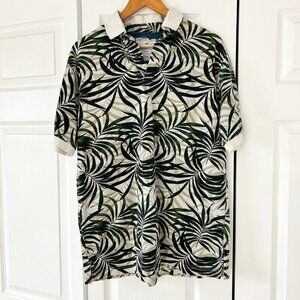 Caribbean Joe Men’s Cotton Polo Shirt Palm Leaf Print Green Beige Size Large